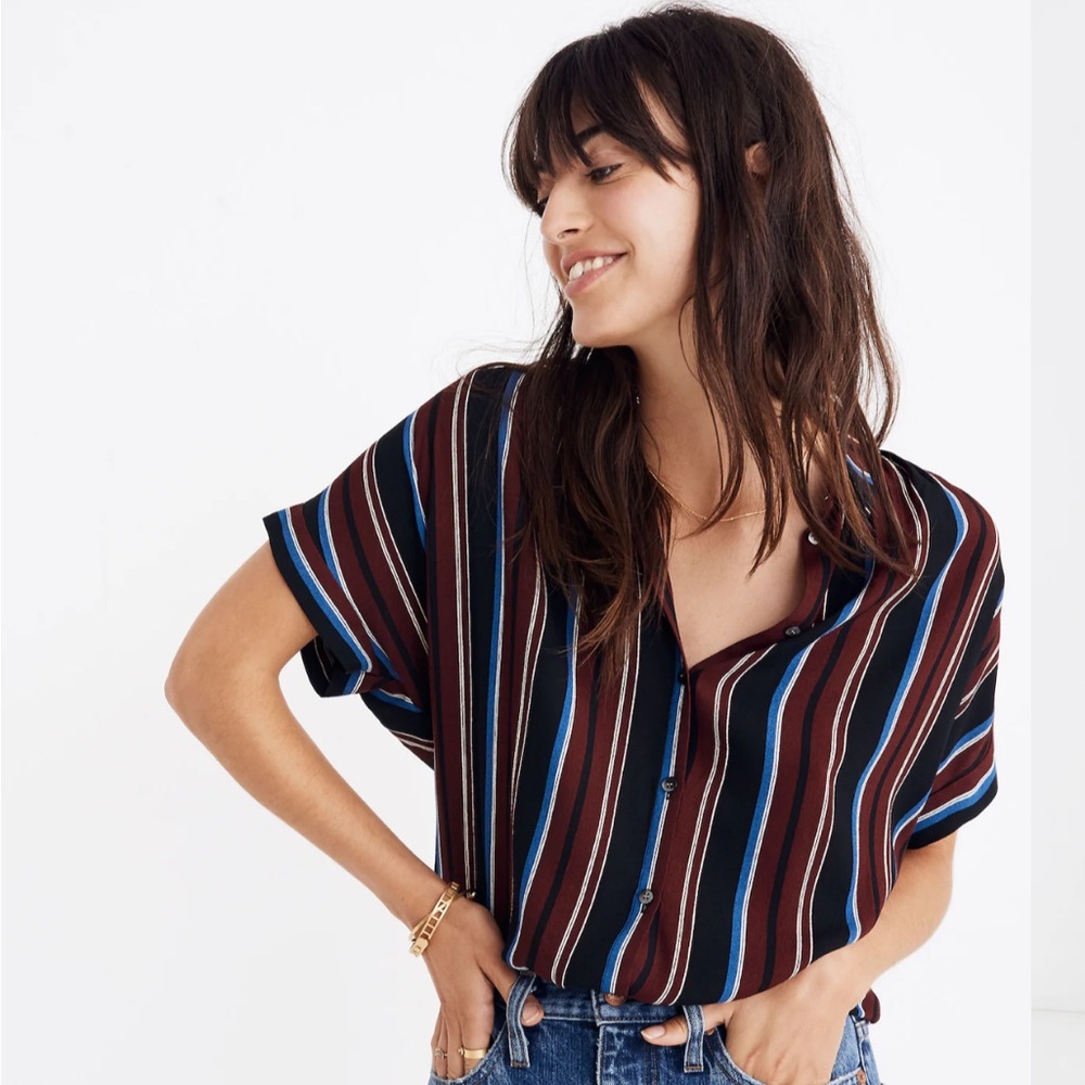 Madewell Vertical Stripe Button-Down Shirt — Brown & Blue